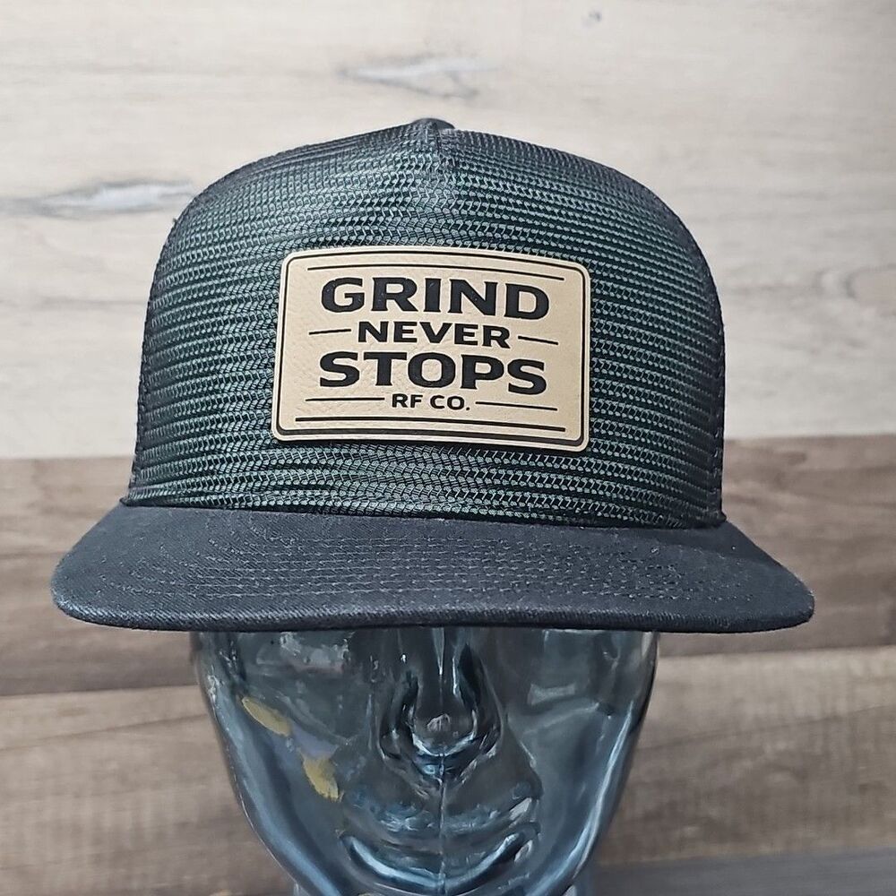 GRIND NEVER STOPS RF CO. Trucker Snapback Hat Cap Black/Dark Green Leather Patch